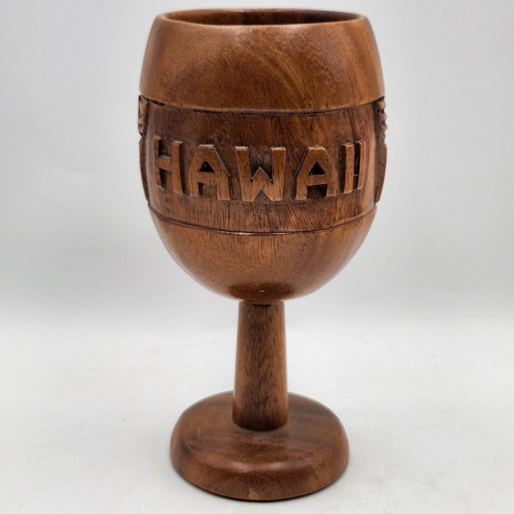 Hawaii Monkey Pod Goblet Hawaiian Tiki Hut Mug Hand Carved 8in Tall